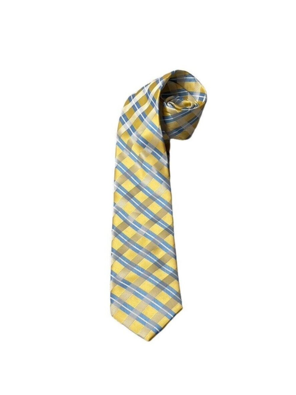 Alexander Julian Colours Mens Tie Yellow Blue Plaid Repp Striped Hand Made Silk